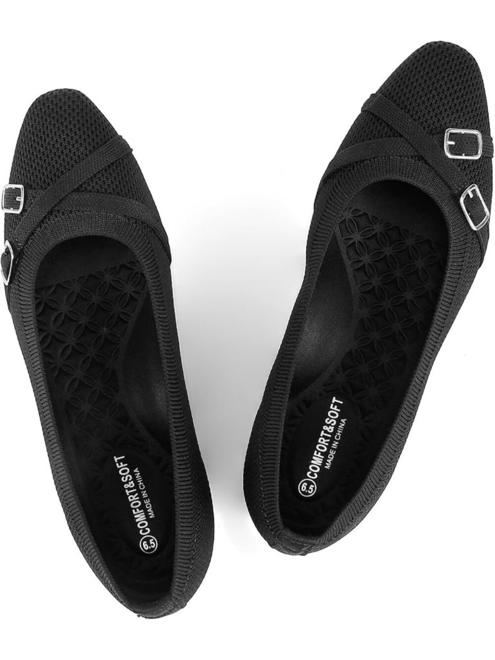 Women's Black Ballet Flats Dress For Work Business Casual Buckle Comfort Shoes